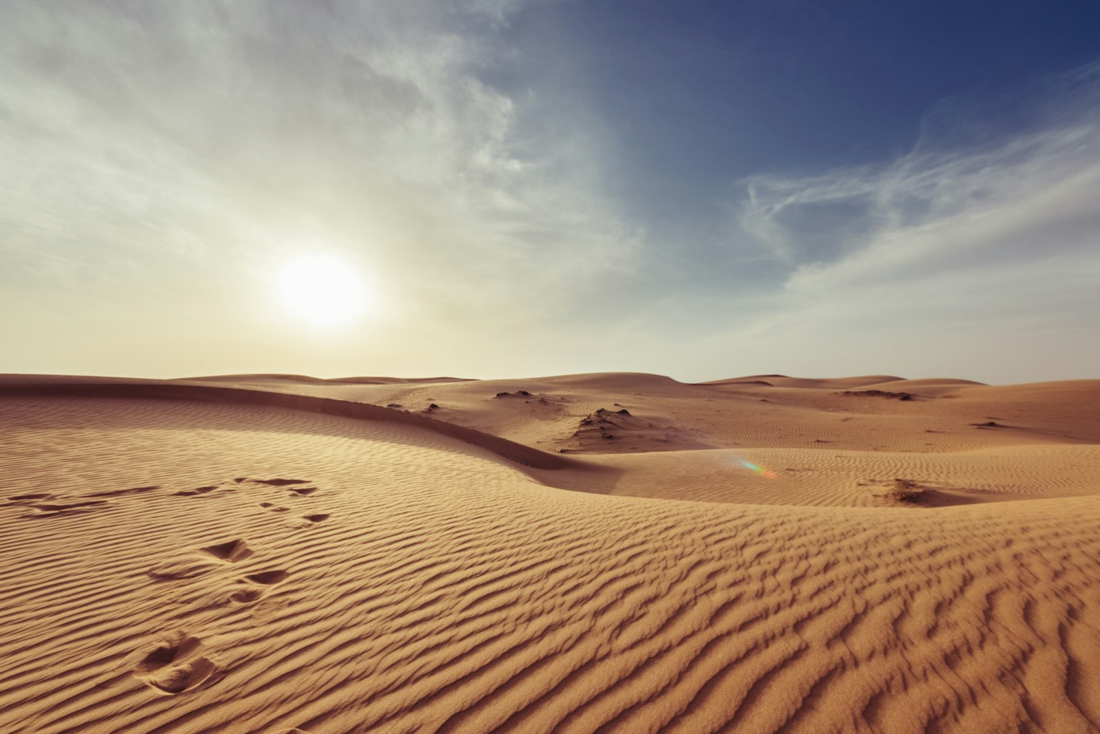 Arid sand plain and dunes under bright daylight sky — landing-zone landscape editorial, no neon