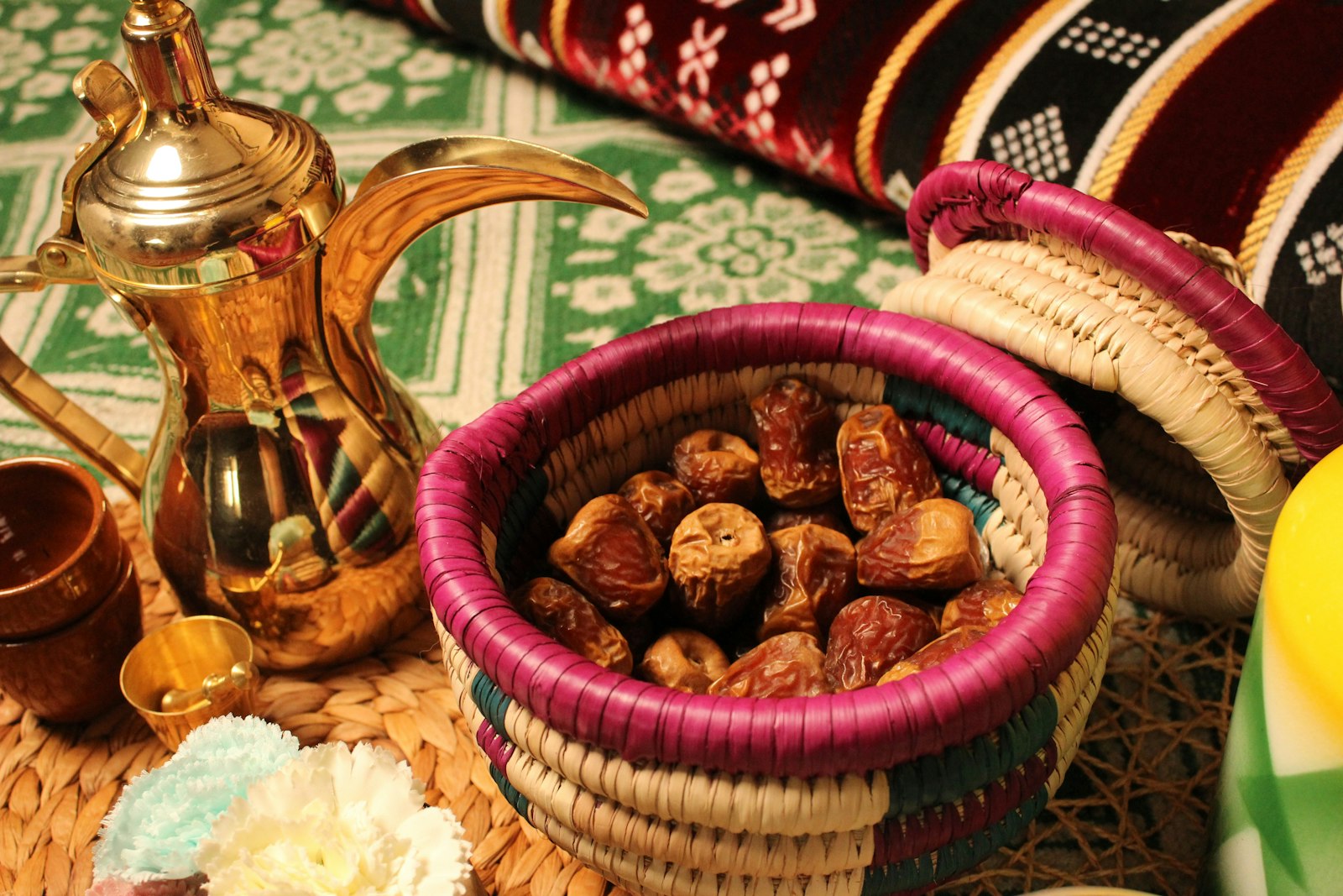 Arabic coffee dallah and dates on woven tray — Gulf wellness mood lifestyle