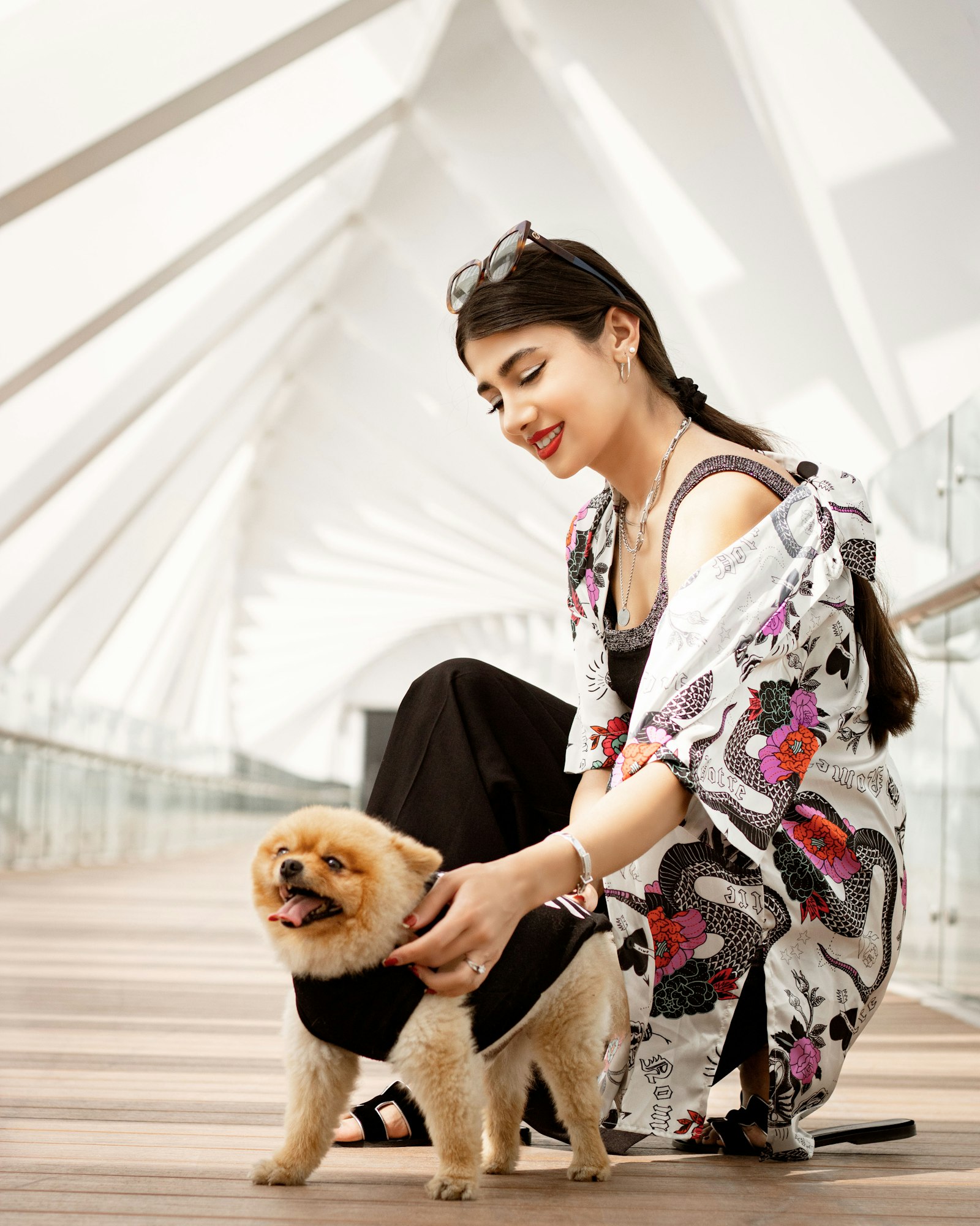 Happy dog with owner on Dubai waterfront — UAE pet lifestyle, Emirates pet .ae