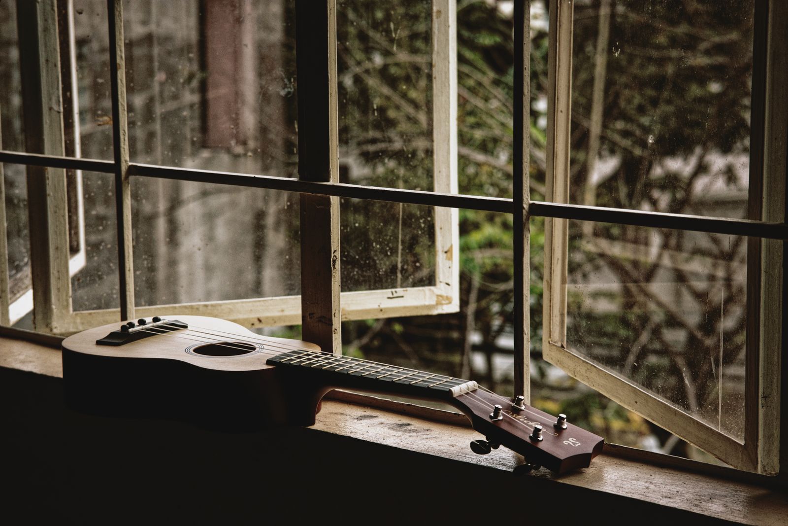 Acoustic ukulele on rustic wooden windowsill in natural daylight — music lifestyle