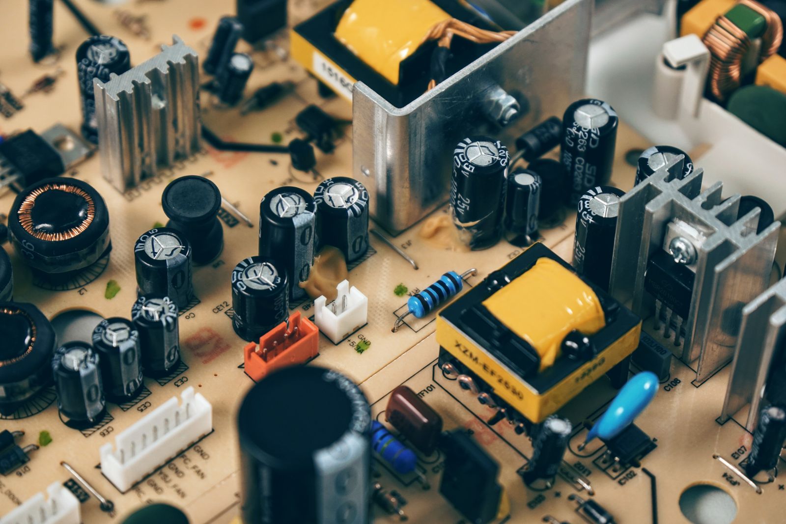 Close-up of unbranded circuit board electronics components — tech product brandable